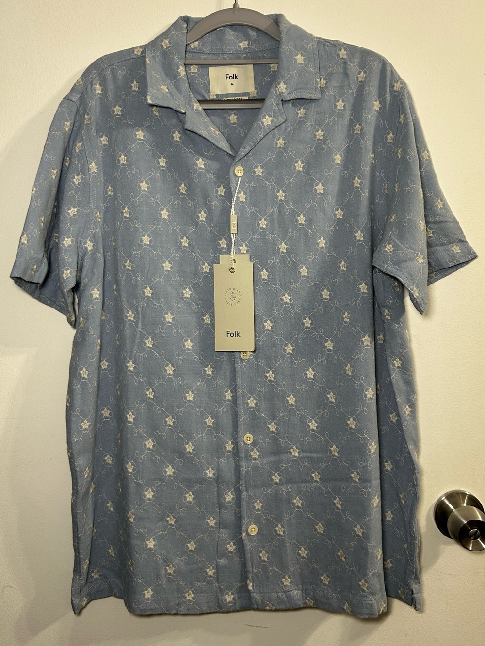 Folk Men's Collar Button Down Shirt in Light Blue Embroidered Linen Blend NWT